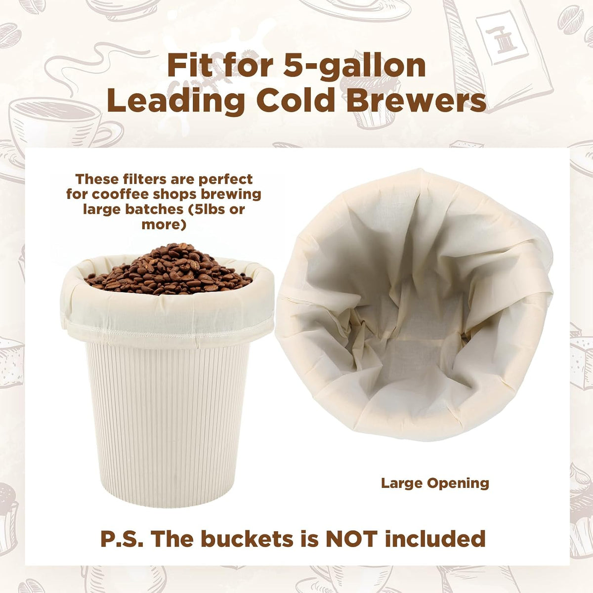 Tioncy 2 Pcs 20 x 20 Inch Large Reusable Cold Brew Coffee Bag Reusable Organic Cotton Cold Brew Filter Bags Washable Coffee Filter Pouch with Easy Open Drawstring Pitchers 5 Gallon Systems up to 5 LBS