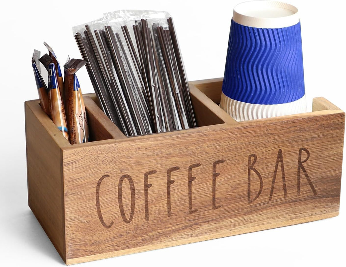 Acacia Wood Station Organizer,Coffee Station Organizer for Cup Lid Stirrers Pod, Disposable Coffee Cup Holder, Farmhouse Accessories Decor, Brown Labeled COFFEE BAR
