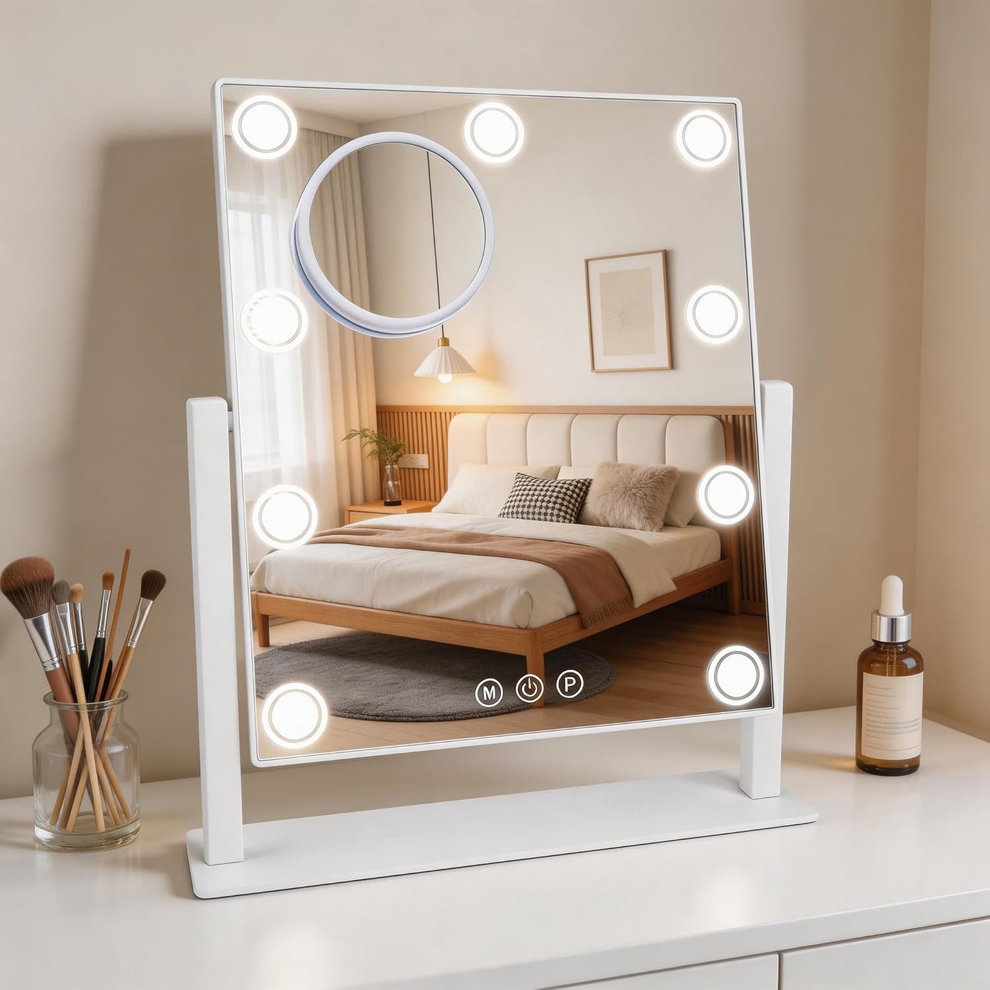 Lighted Makeup Mirror with 9 Bulbs, White 14.05" x 12"