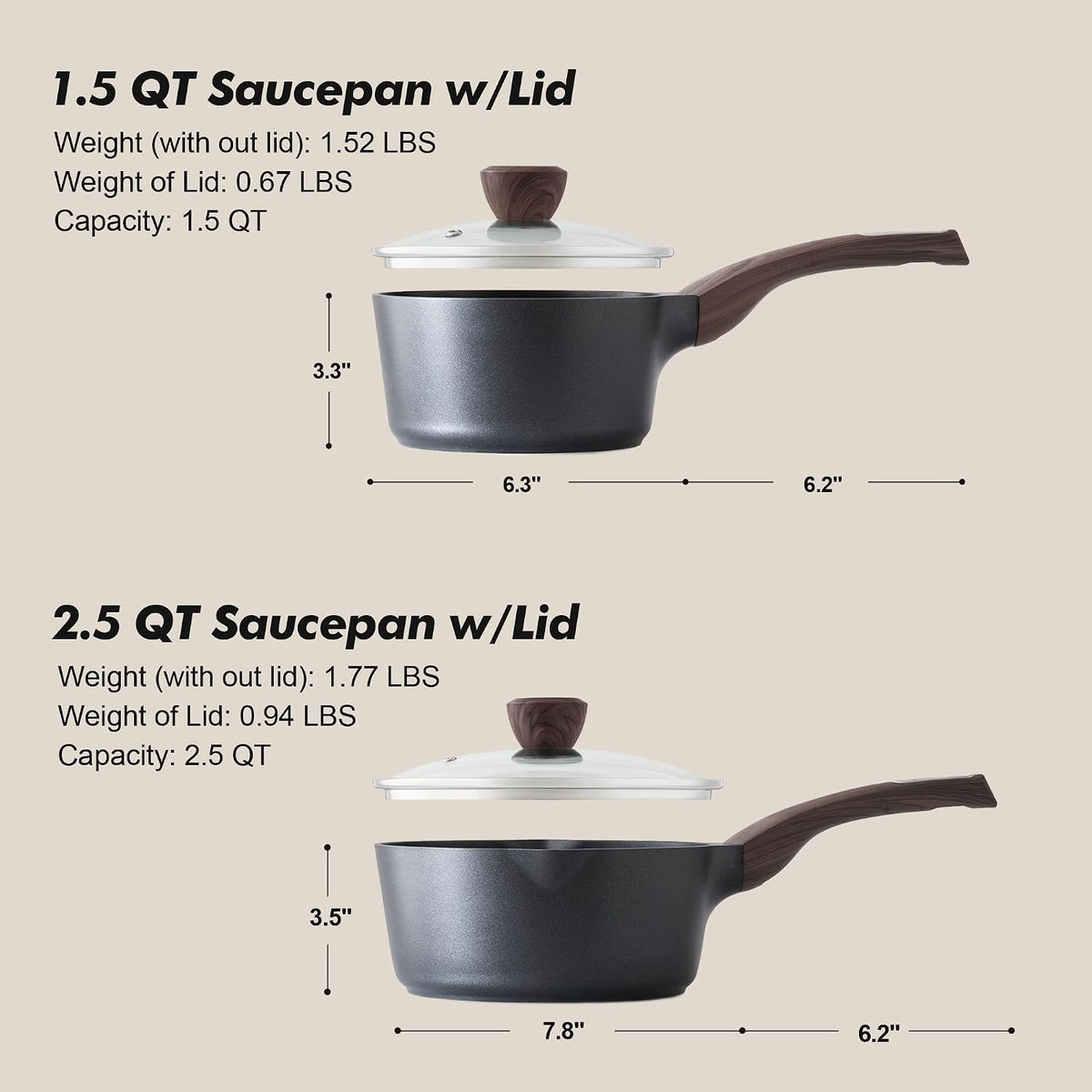 SENSARTE 1.5 & 2.5 Quart Sauce Pan Sets with Lid, Cooking Pots Set, Nonstick Saucepan Set with Pour Spout, Small Kitchen Pot, Non toxic Saucepot, Induction Comptable, Easy to Clean, PFOA Free