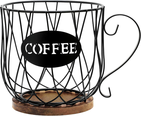 Rustic Metal K-Cup Coffee Pod Holder Mug - Large Wire Basket with Wooden Base for Countertop Coffee Storage - Farmhouse