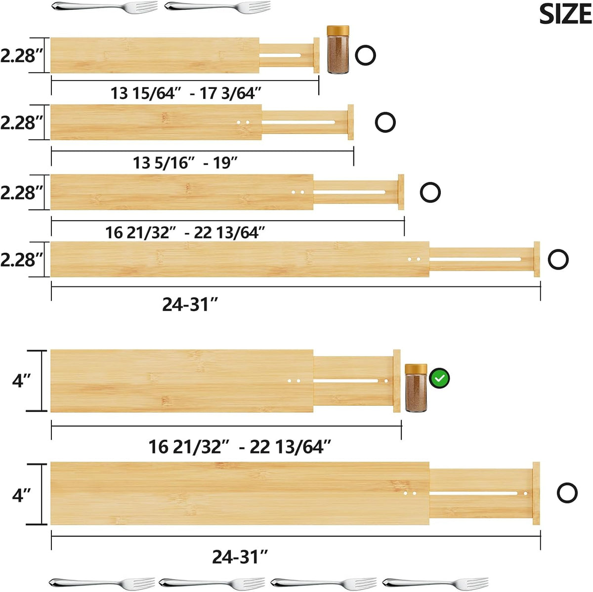 BAMEOS Bamboo Expandable Drawer Dividers – Fits 16.65"–22" Drawers, 4" Extra Deep Walls, Set of 4 | Maximum-Height Spring-Loaded Organizer for Deep Kitchen, Bathroom &amp; Dresser Drawers