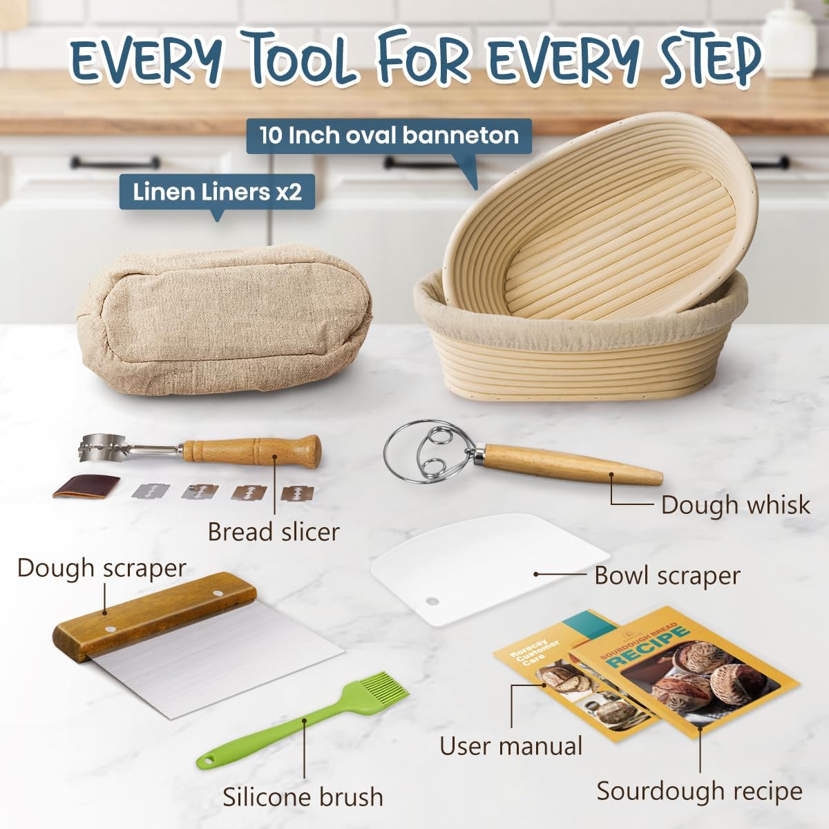 Sourdough Starter Kit with 2 Oval Banneton Bread Proofing Baskets | Complete Sourdough Bread Baking Supplies, Beginner Friendly, 2 PCS 10 in Oval Rattan Banneton, Sturdy Sour Dough Tools