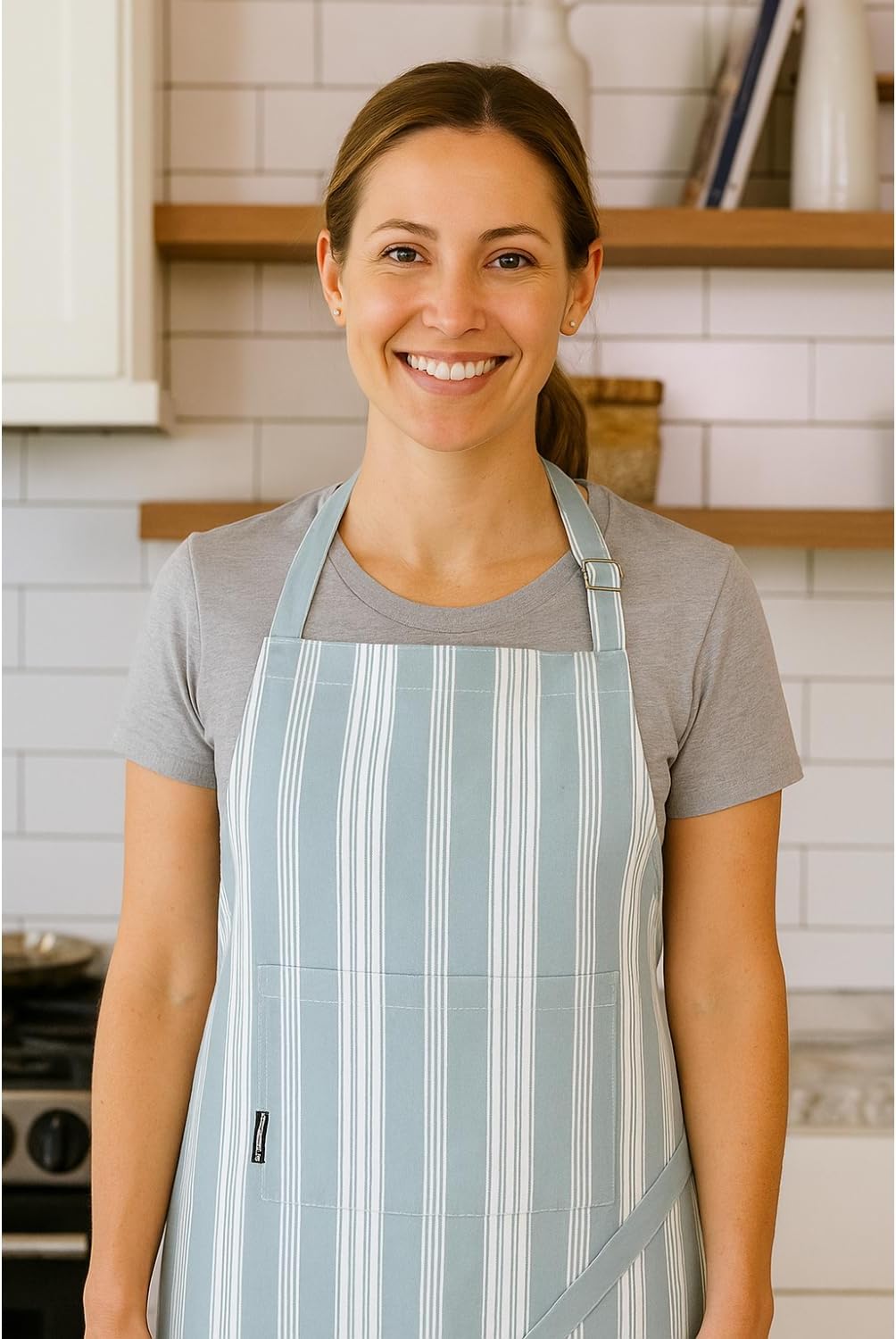 Cotton Striped Aprons for Women with Pockets - Adjustable Strap and Waist Ties Printed Apron for Baking, Cooking, Gardening (27.5 x 33 Inches - Dove Blue)
