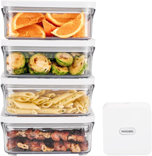 VAKUEN Premium Airtight Food Storage Container. Meal Prep 0.85qt 5pc/Set. 4pcs Container and Vacuum Sealer. Patented Double