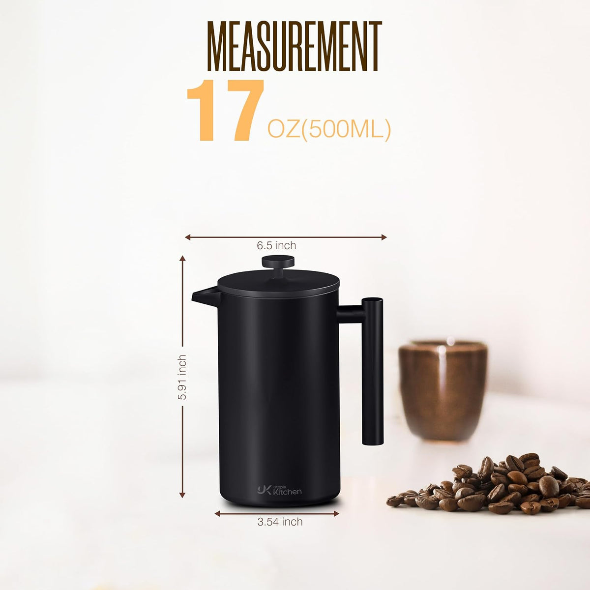 Utopia Kitchen 304 Grade Stainless Steel French Press 17 Oz, Black | Double Wall Insulated Coffee Press with 4-Level Filtration System, Include 2 Extra Filters, Rust-Free, Dishwasher Safe