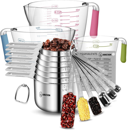 Measuring Cups and Spoons Set of 20 - Stackable Stainless Steel Measuring Cups Spoons & Plastic Measuring Cup for Dry and