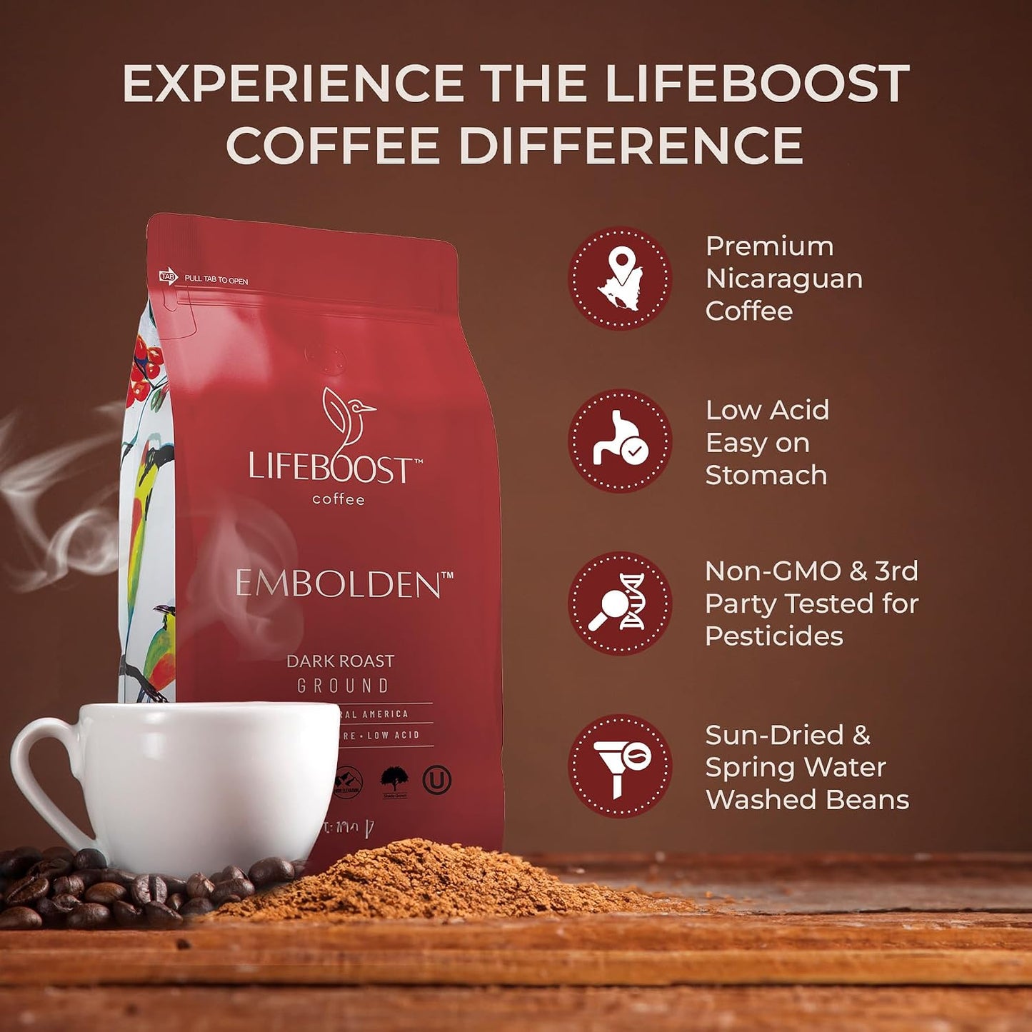 Lifeboost Dark Roast Ground Coffee - Non-GMO Low Acid Single Origin USDA Organic Dark Roast Coffee - Third Party Tested For Mycotoxins &amp; Pesticides - 12 Ounces