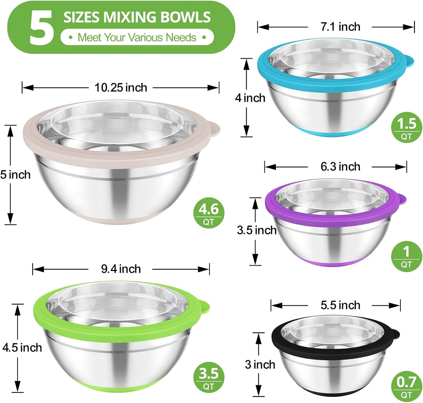 TeamFar Mixing Bowls, Salad Bowls with Transparent Airtight Lids, Colorful | 5PCS Stainless Steel Serving Bowls For Kitchen Mixing/Baking/Storing/Prepping, Non-Slip Bottom - 4.6/3.5/1.5/1 / 0.7 QT