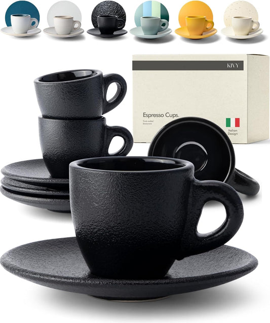 KIVY 3 oz Espresso cups set of 4 - Thick walled stoneware espresso cup set - Italian style cups and saucers - Demitasse cups