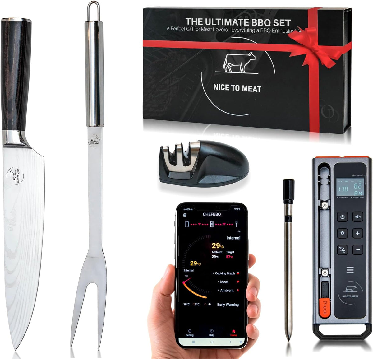 Wireless Meat Thermometer Digital BBQ Set, 5.3 Bluetooth and WiFi connectivity 800ft APP Control (iOS&amp;Android) with Chef Knife, Fork, Meats Temperature Probe, Grilling, BBQ Gift for Men