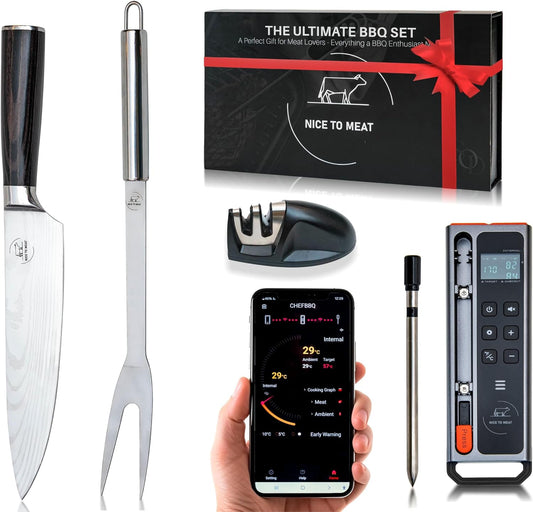 Wireless Meat Thermometer Digital BBQ Set, 5.3 Bluetooth and WiFi connectivity 800ft APP Control (iOS&amp;Android) with Chef Knife, Fork, Meats Temperature Probe, Grilling, BBQ Gift for Men