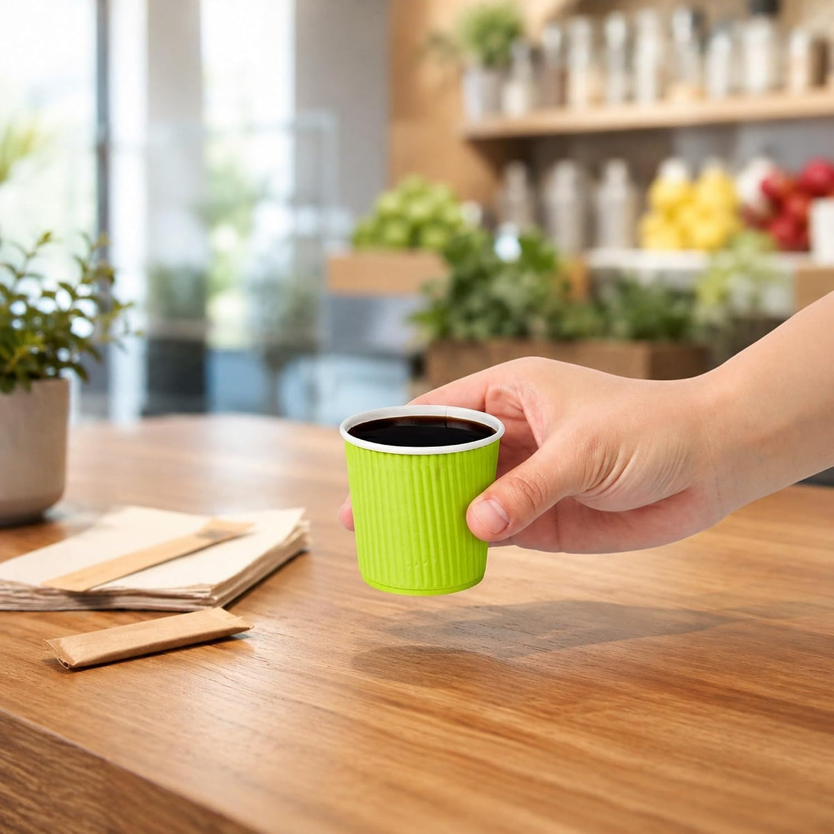 Restaurantware Ripple Wall Coffee Cups 500 Count 4 Ounce Insulated Eco Green Paper Cups, Rolled Rim Spill-Resistant Disposable Paper Non-Slip for Coffee, Beverages