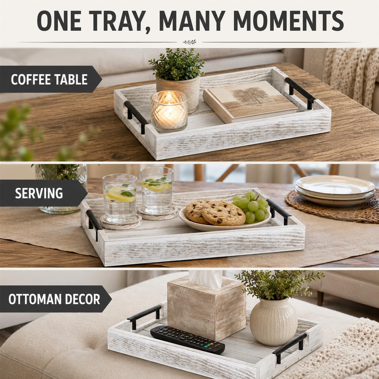 Whitewashed Wooden Serving Tray with Black Metal Handles and 4 Coasters, 16.1 x 11.8 Inch Rustic Farmhouse Ottoman Tray for Coffee Table, Living Room, Breakfast and Home Decor