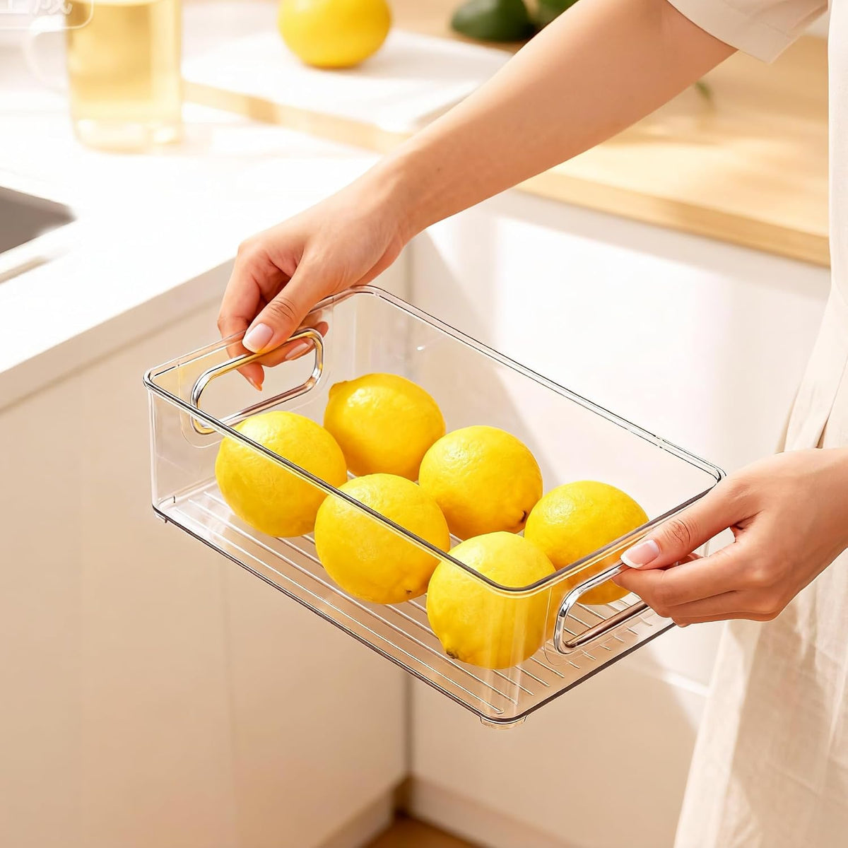 LotFancy Refrigerator Organizer Bins, 4 Pack,10x6x3 in, BPA Free Clear Plastic Storage Bins for Pantry Organization, Stackable Containers with Handles for Fridge, Kitchen Drawer, Freezer, Cabinet