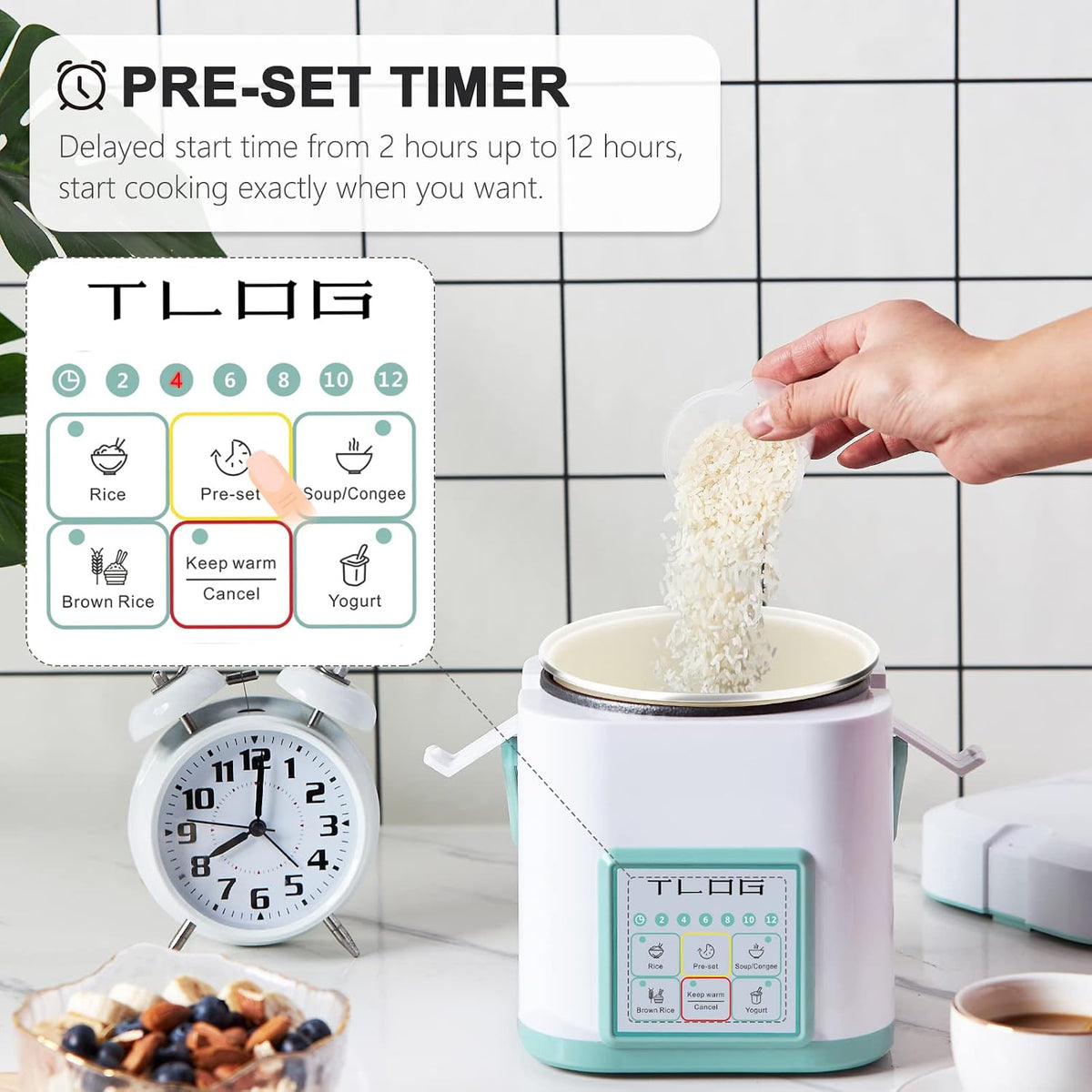 TLOG Mini Rice Cooker, 1.2L with Ceramic-Coated Pot, 2.5-Cup Uncooked