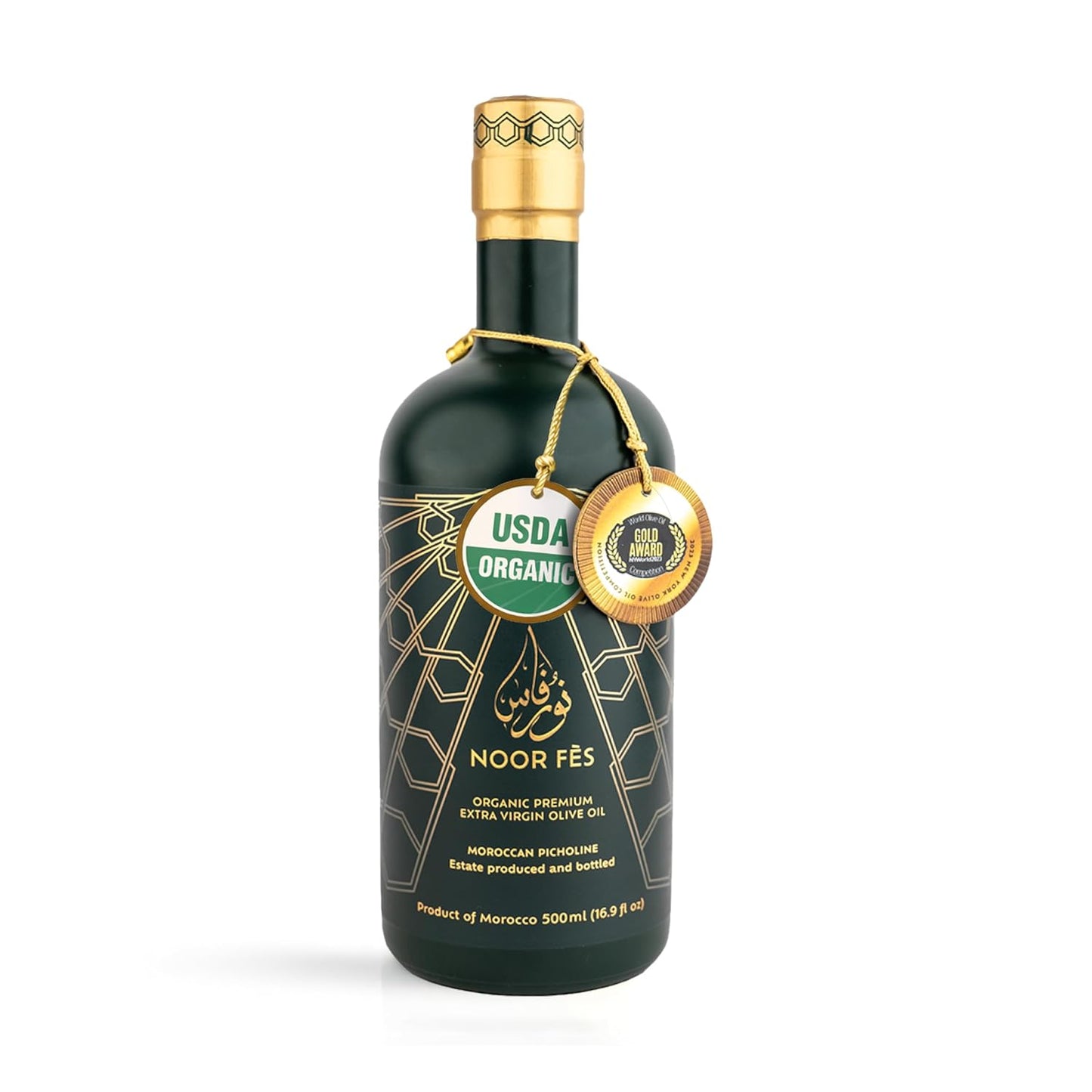 NOOR FÈS 20+ Awards EVOO | Polyphenol Rich 584 mg/kg | USDA Organic Extra Virgin Olive Oil | Moroccan Picholine | Cold Extracted Olive Oil | Great Gift for Chefs | 17 Oz.
