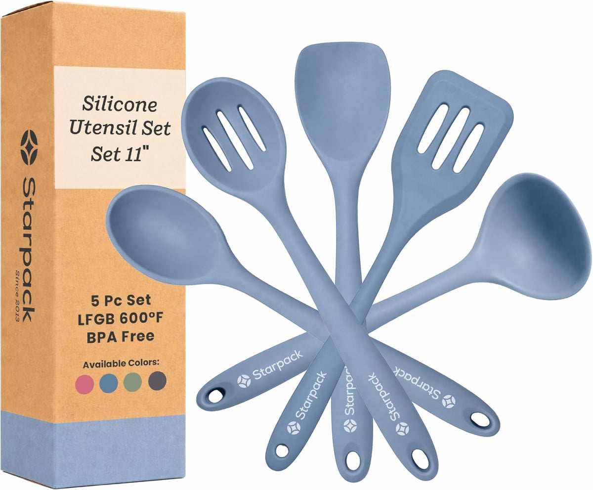 Starpack Stir and Serve Silicone Cooking Utensils Set (5-Piece, 11") - LFGB Non Toxic, 600°F Heat Resistant, BPA-Free - One-Piece Seamless, Dishwasher Safe - for Nonstick Cookware, Light Blue