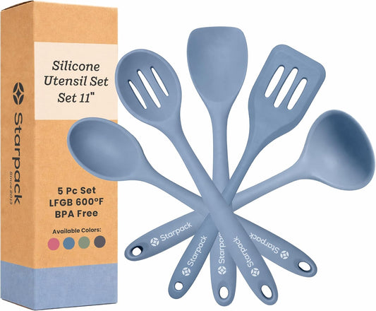 Starpack Stir and Serve Silicone Cooking Utensils Set (5-Piece, 11") - LFGB Non Toxic, 600°F Heat Resistant, BPA-Free - One-Piece Seamless, Dishwasher Safe - for Nonstick Cookware, Light Blue