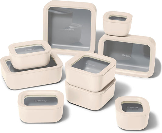Caraway 25pc Glass Food Storage Set - Glass Storage Containers for Food - Non-Toxic Ceramic-Coated Glass - Air Release