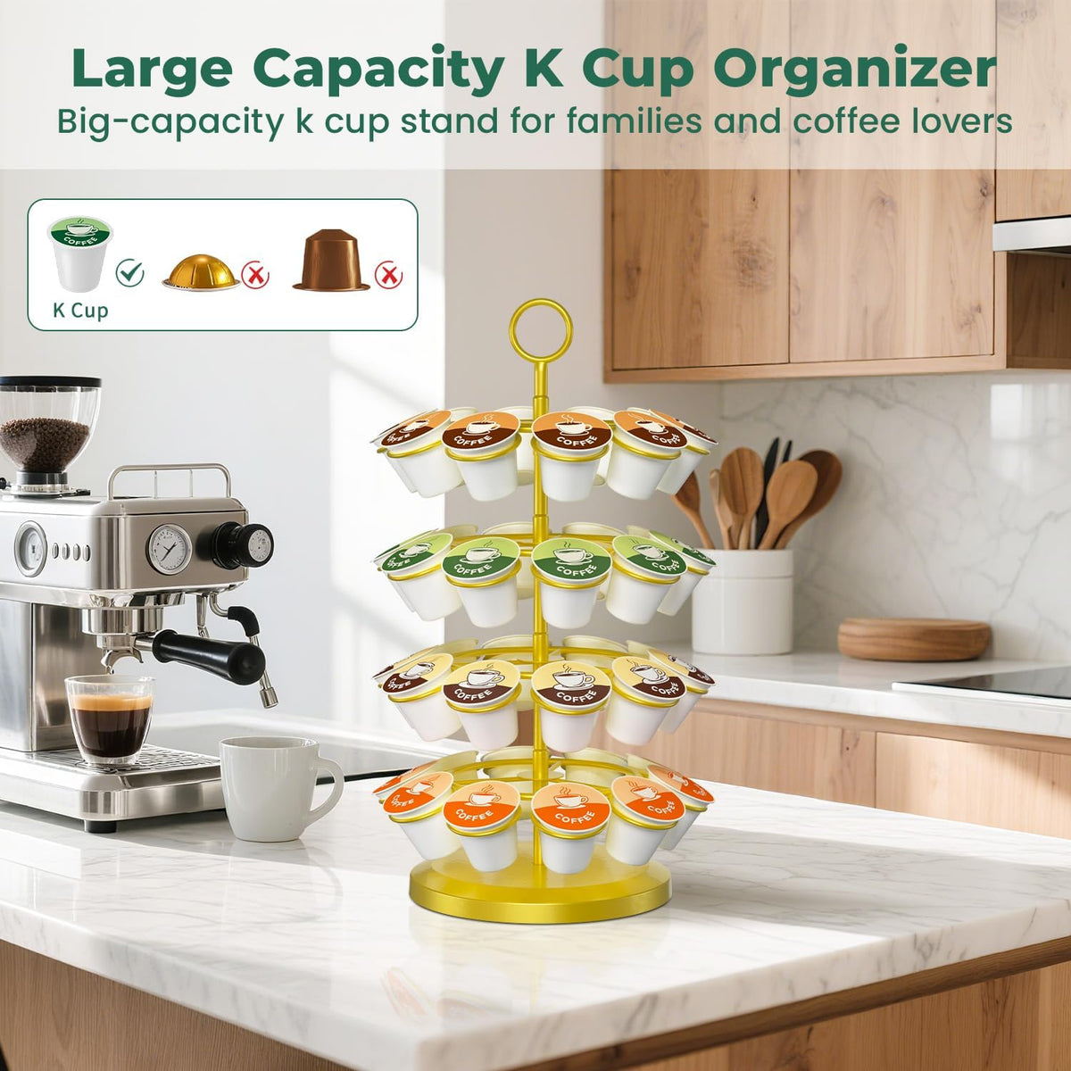 EsLuker.ly K Cup Holder Coffee Pod Organizer Carousel for Counter, Metal Storage Rack Stand for Kitchen, Rotatable 4 Tier Pod Tower Tree for 40 K Cups, Space Saving Meets Elegance, Gold