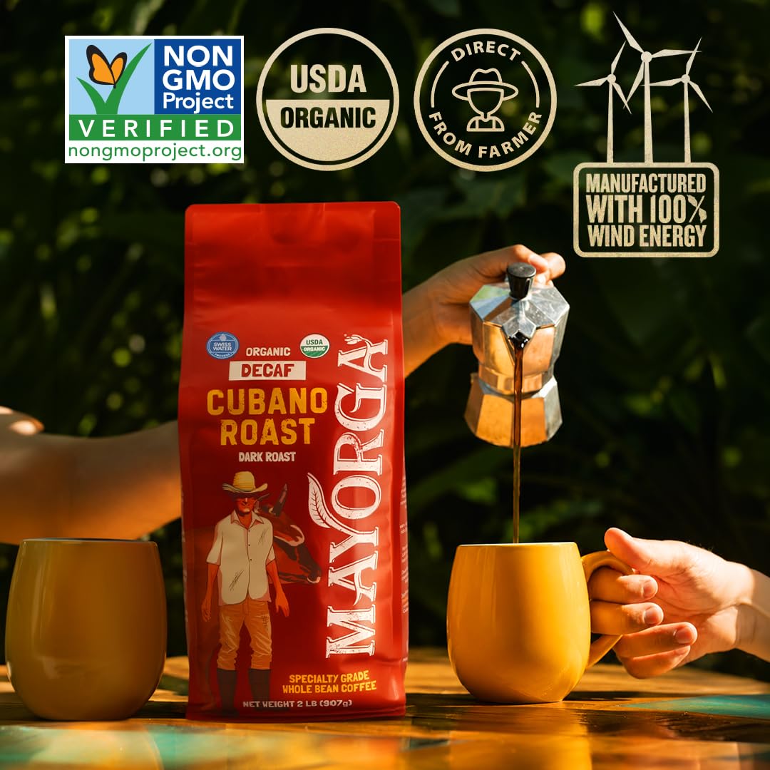 Mayorga Decaf Coffee 2lb Bag Dark Roast Organic Swiss Water Decaffeinated Cubano Roast Coffee - 100% Arabica Whole Coffee