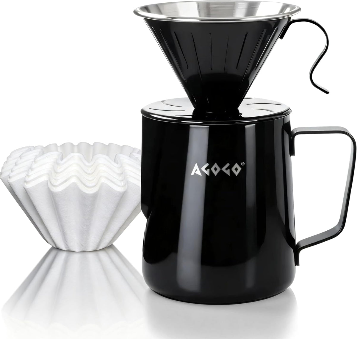 AGOGO Stainless Pour Over Coffee Maker Set, 50 Paper Filters, 20oz, Black | Unbreakable carafe for kitchen RV camp and office, includes barista towel, lead-free food grade 304 stainless steel
