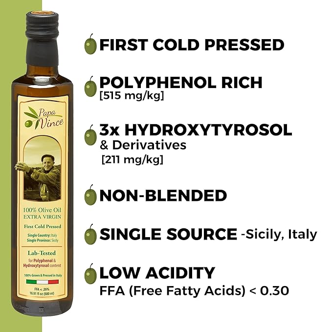Papa Vince Olive Oil Extra Virgin - First Cold Press Family Harvest 2024/25, Polyphenol Rich, Subtle Peppery Finish, Unrefined, High in Monounsaturated Fat, No Pesticides, No GMO, Sicily, Italy