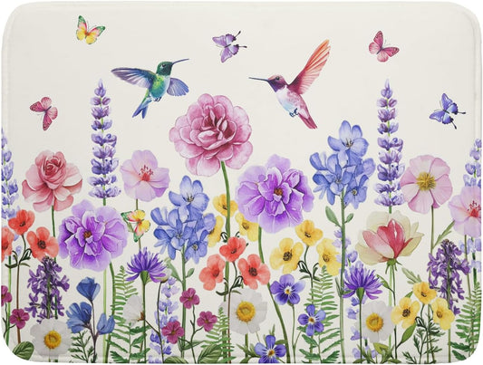 Giwawa Hummingbird Flower Dish Drying Mat 18x24 inch Watercolor Spring Herb Floral Dish Drainer Mats Wildflower Plant