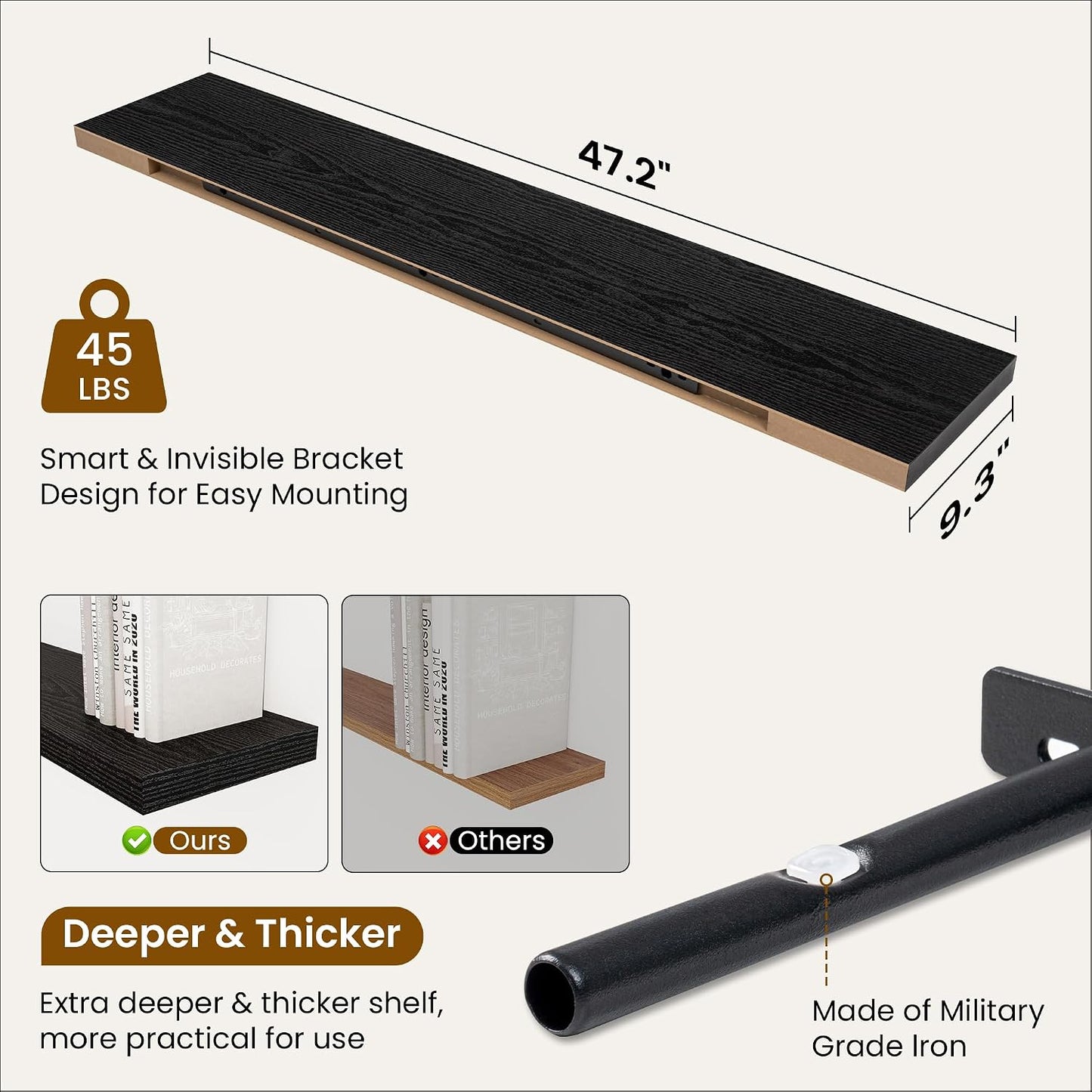 Fun Memories 48 Inch Black Floating Shelves, 9.3 Inch Deep Wall Shelves for Living Room|Bedroom|Kitchen, Rusitc Wall Mounted Bathroom Shelves 2 Pack, Heavy-Duty Deep Shelf for Books，Decor