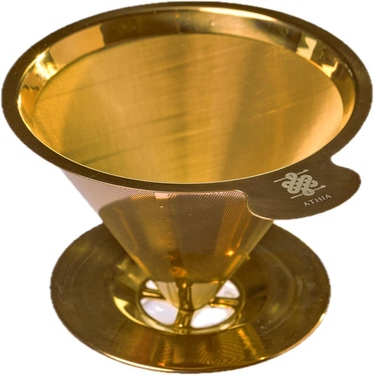 ATHIA Golden Stainless Steel Reusable Coffee Filter, Pour Over Cone Dripper with Fine Mesh, Paperless & Eco-Friendly Design,