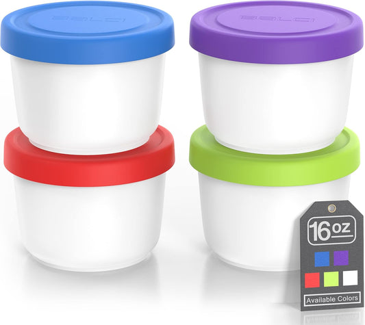 BALCI - 16oz Ice Cream Containers with Silicone Lids (Set of 4) - 1 Pint Each Freezer Food Storage Containers, Reusable,