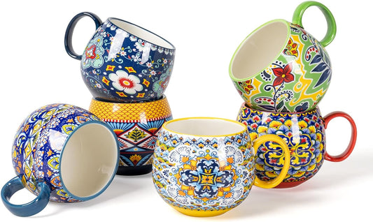 HENXFEN LEAD Boho Coffee Mugs 20 Ounce - Porcelain Cups for Latte, Tea, Cappuccino, Cocoa, Soup, Dishwasher, Microwave Safe,