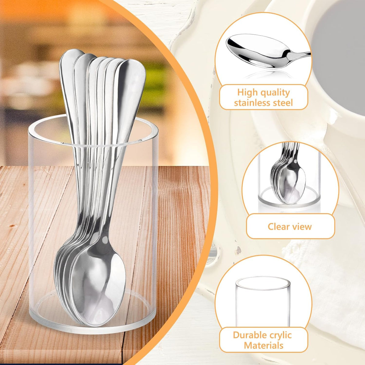 6 Pcs Mini Coffee Spoons with Holder 4.7 inch Demitasse Espresso Stainless Steel Spoons Silver with Acrylic Cylinder Holder