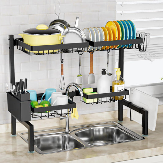 SNSLXH［2-Tier 4 Baskets］Over The Sink Dish Drying Rack, 24.8"-35.4", Large Sink Rack for Kitchen, Extensible and Adjustable,
