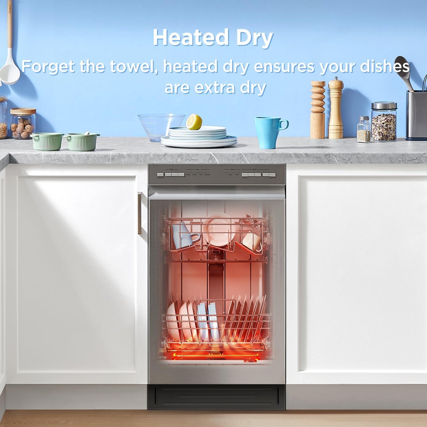 Midea 18 Inch Built-in Dishwasher, Slim Space-Saving Design with 8 Place Settings, 6 Washing Programs &amp; Stainless Steel Tub, Energy Star Certified Dishwasher with Heated Dry &amp; High Temp Wash, Silver