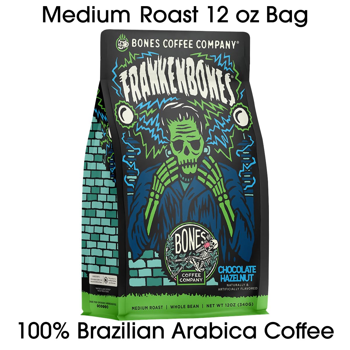 Bones Coffee Company Frankenbones Chocolate and Hazelnut Flavored Coffee, Medium Roast Low Acid Arabica Beans Compatible with Auto drip and French Press Coffee Maker, 12 Oz Ground