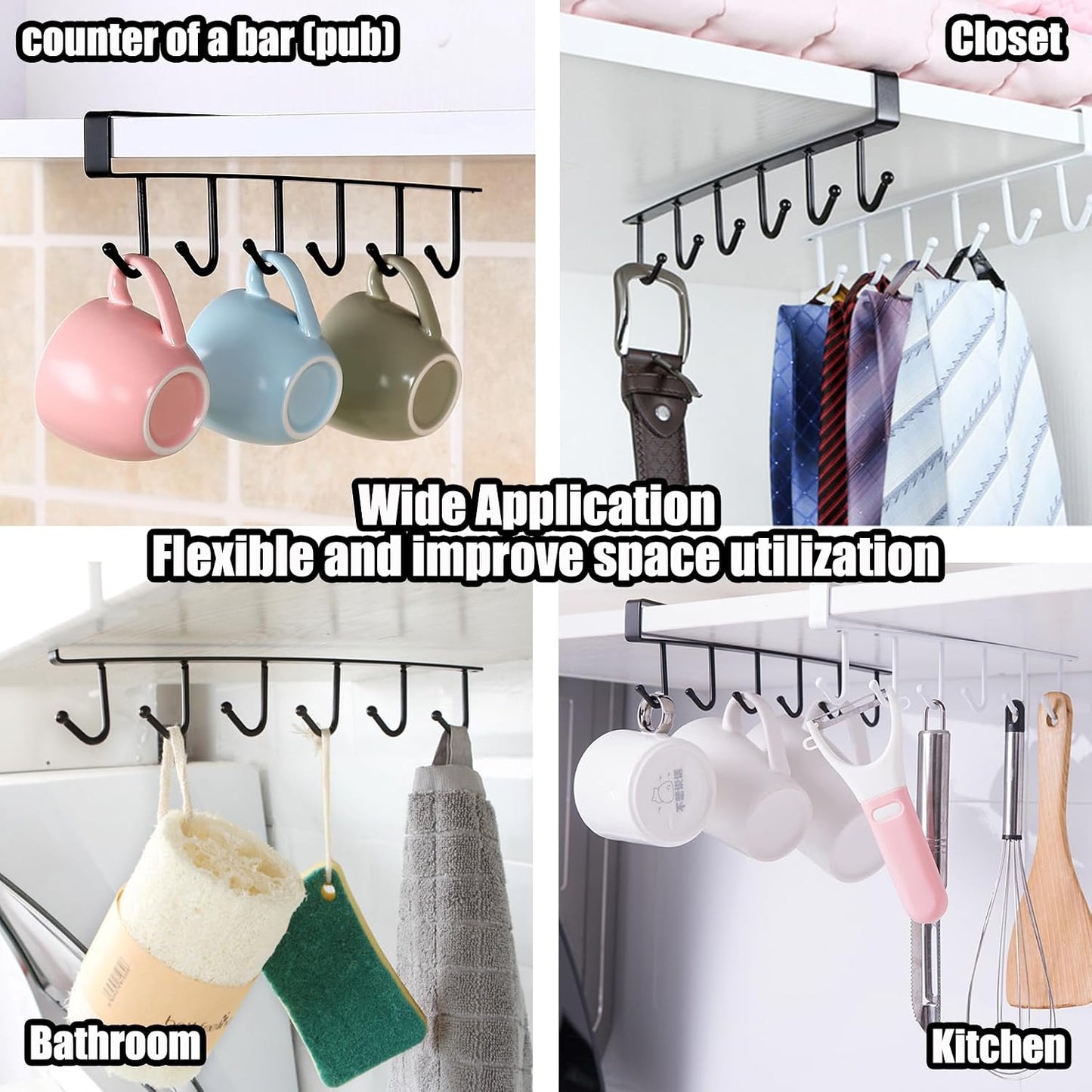 6PCS Mug Hooks Under Cabinet,Mug Holder Under Shelf with 6 Hooks