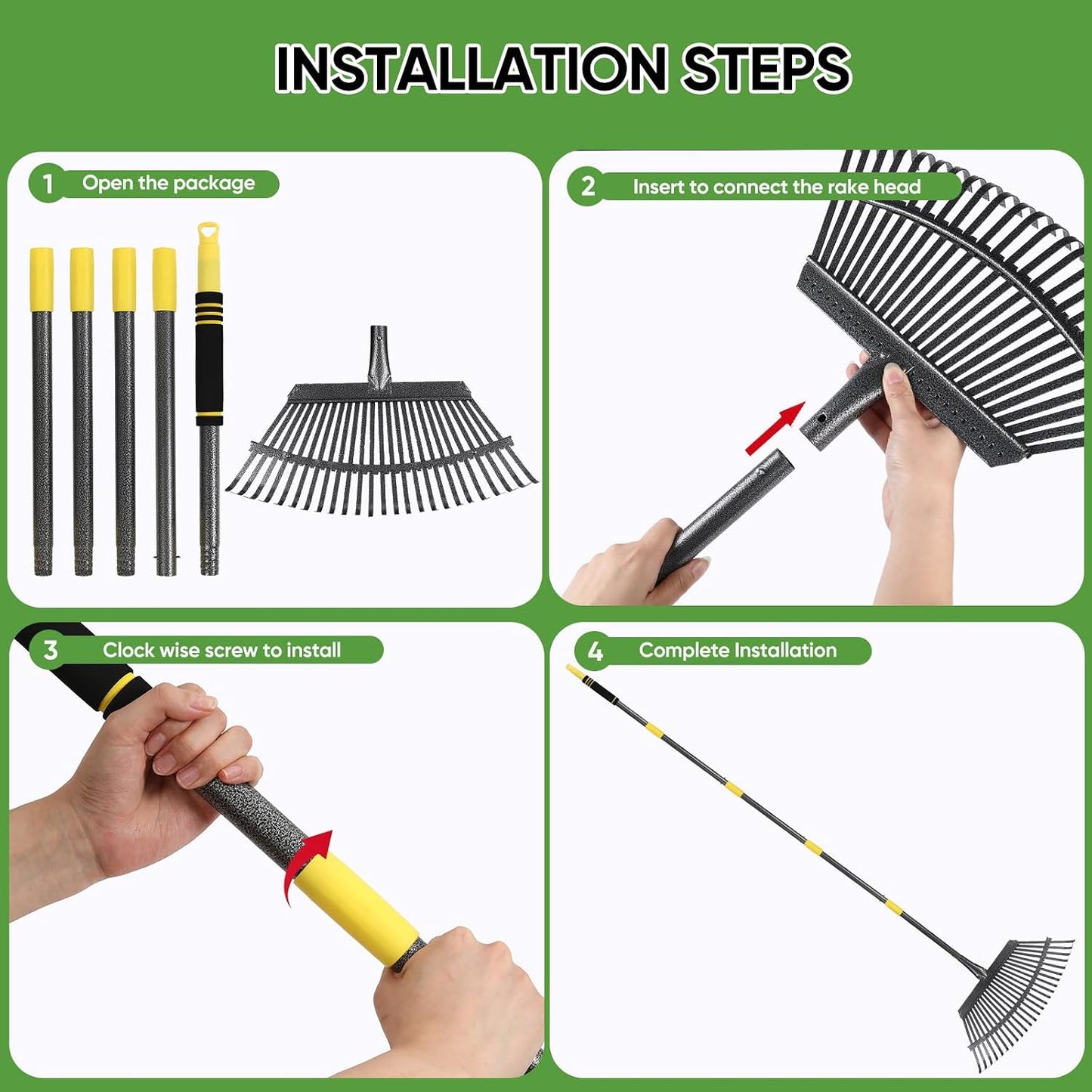 Garden Leaf Rakes, 6FT Rakes for Lawns Heavy Duty 25 Metal Tines 18.5 inch Wide, Adjustable Steel Handle, Rakes for Leaves, Gathering Shrub, Grass, Flower Beds