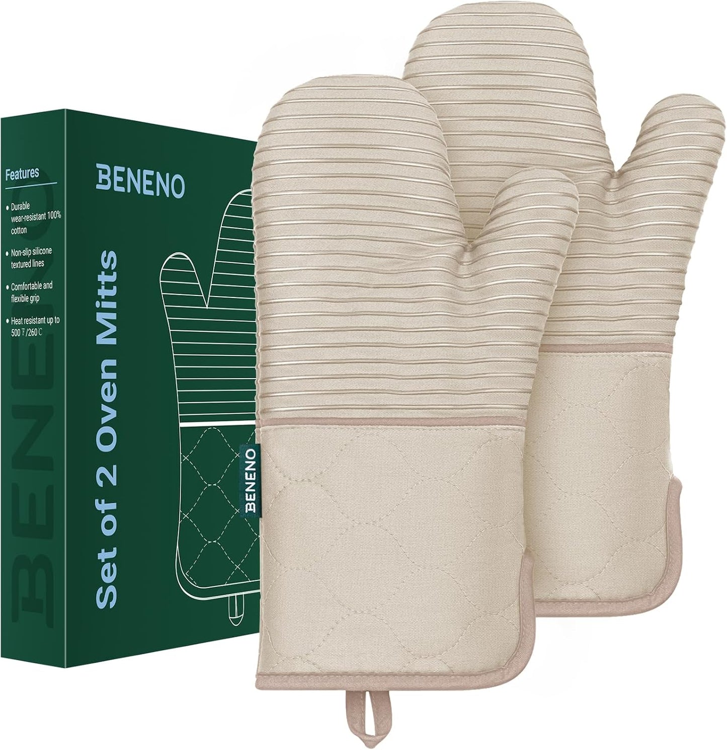 Beneno Heat Resistant 500°F Kitchen Oven Mitts 2-Pack, 7.5"x14.3", Beige | Textured Non-Slip Silicone Grip, Extra Long Forearm Protection, Soft Quilted Cotton Terry Lining, Ideal for Baking &amp; Grilling