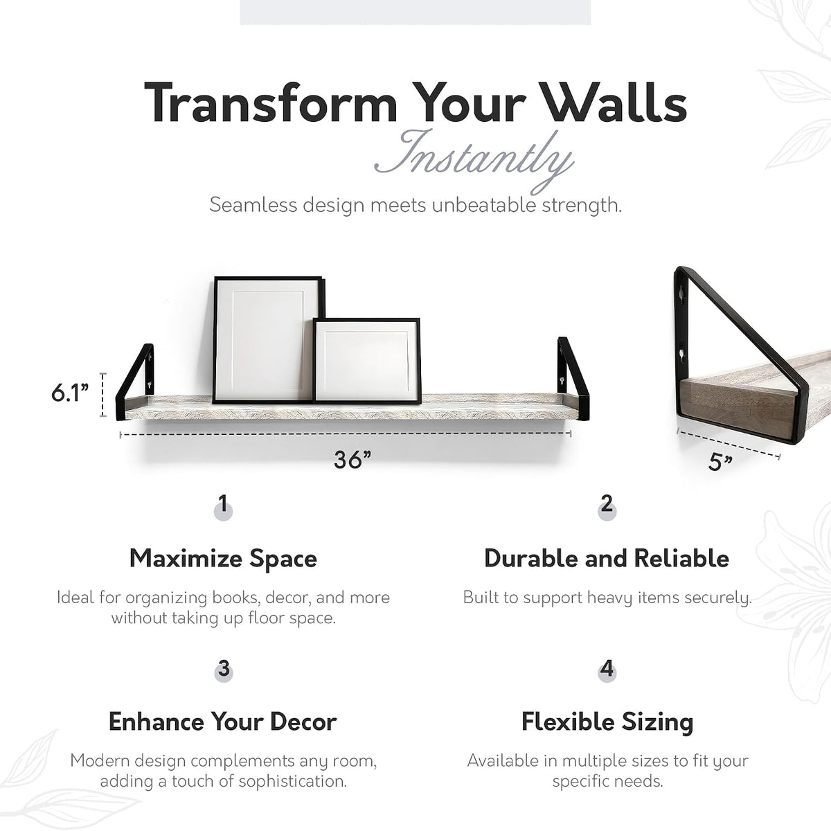 InPlace Wall Mounted Shelf, 36" x5" x 6.1", Rustic Real Wood Bracket Ledge, Distressed White Finish, Heavy-Duty Floating Shelf for Living Room, Bathroom, or Kitchen 9602098E