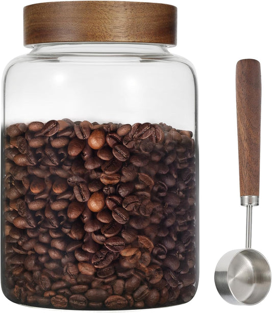 Large Glass Coffee Jars with Spoons 60 oz /1800ml, Round Storage Canister with Wooden Lid Clear Glass Food Jar for Pantry
