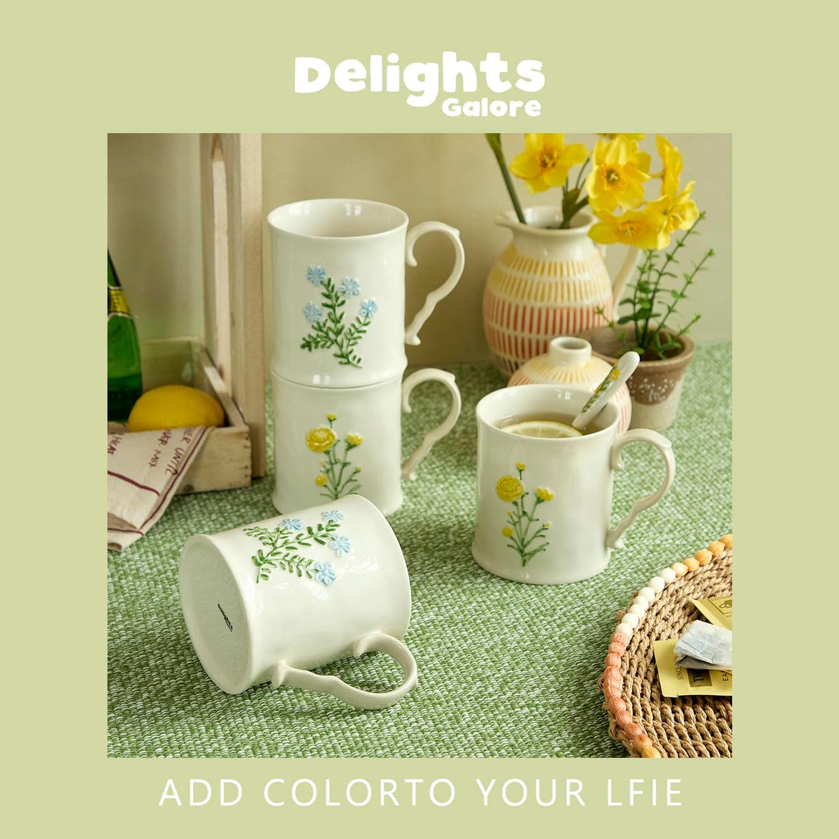 2 Pack Floral Ceramic Coffee Mugs - Yellow and Blue Flowers, Hand-Painted, Microwave &amp; Dishwasher Safe, Ideal for Cappuccino, Tea, Hot Chocolate