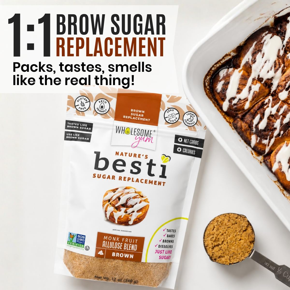 Wholesome Yum Besti Brown Sugar Substitute, Monk Fruit Allulose Sweetener | Keto Brown Allulose Blend. Moist, Sugar Free, Zero Calorie, 0 Carb, No Erythritol, Non GMO, Natural, No Aftertaste (12oz)