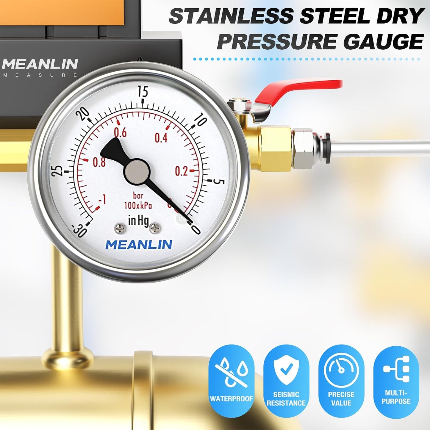 MEANLIN MEASURE -30inHG~0Psi Vacuum Gauge Stainless Steel 1/4" NPT 2" FACE DIAL Waterproof for Air Compressor HVAC Negative Pressure Hand Pump Pool Back Mount with 1/2" NPT and 3/8" NPT Hex Bushing