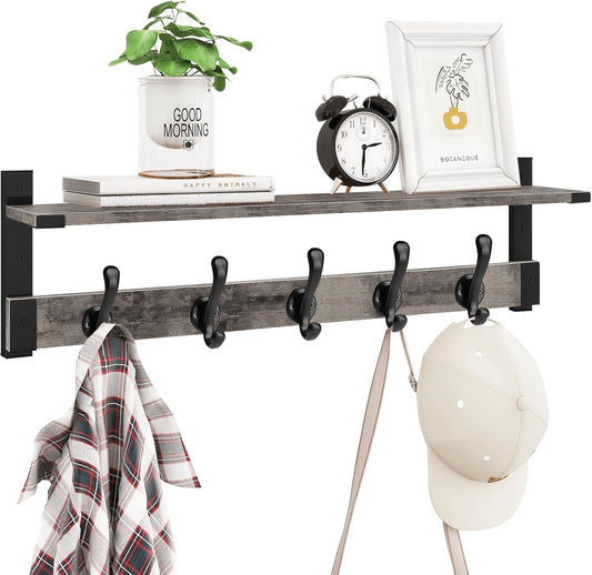 Homode Coat Rack Wall Mount with Shelf, 29 Inch Wood Wall Shelf with Hooks, Entryway Coat Hanger Wall Mount with 5 Hangers