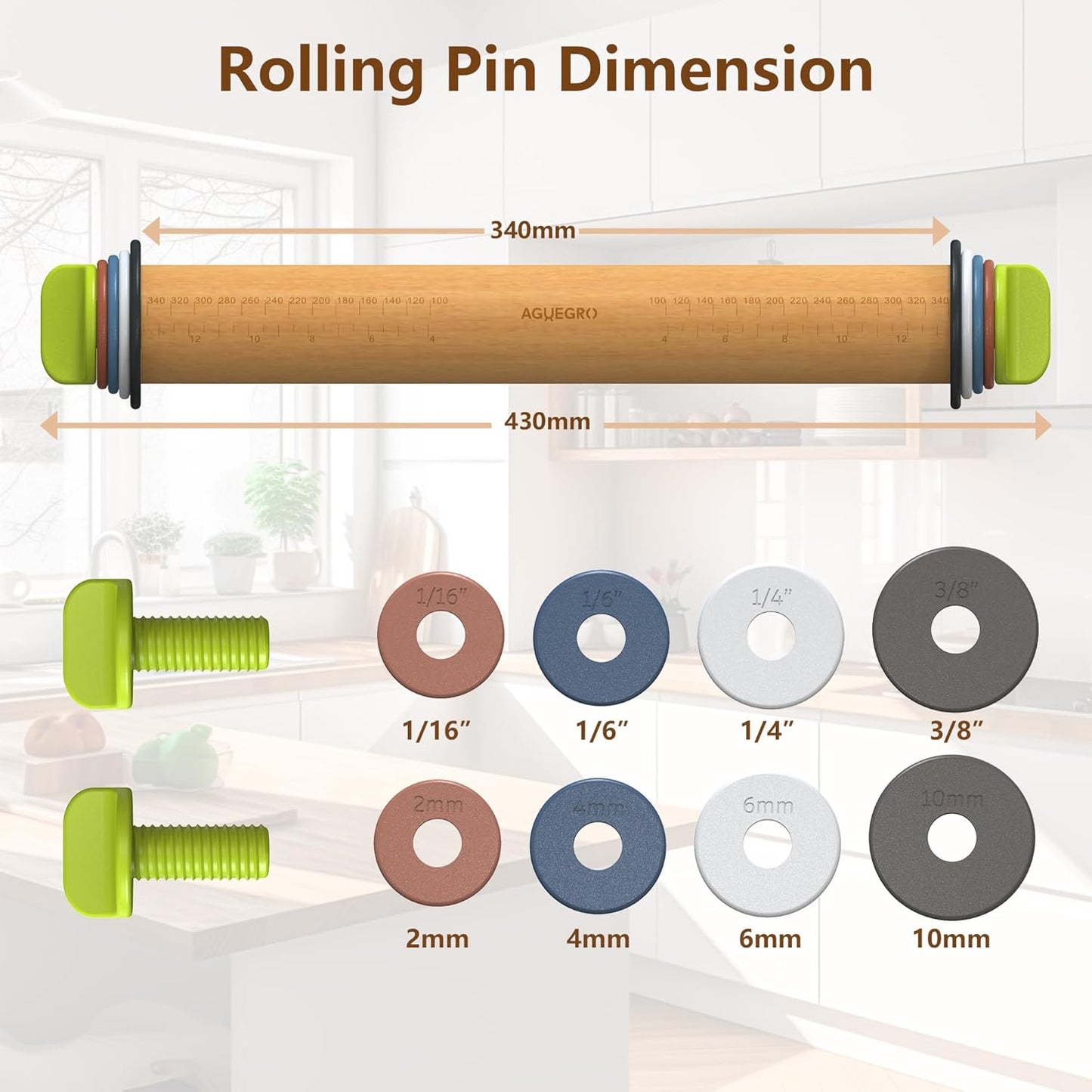 Adjustable Rolling Pin with 4 Thickness Rings &amp;Pastry Mat For Baking Dough | 13.6''Wooden Dough Roller with Precision Measuring Rings For Cookie Pizza Fondant PieCrust Pastry Making At Home or Pro Baker