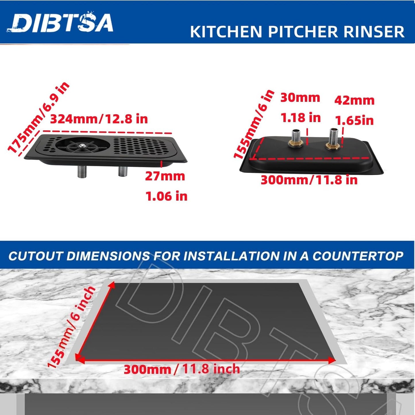 Dibtsa Pitcher Rinser, Stainless Steel Cup Washer Cleaner, Glass Rinser for Household and Commercial (Matte Black, 12.8 x 6.9 x 1.06 inches)