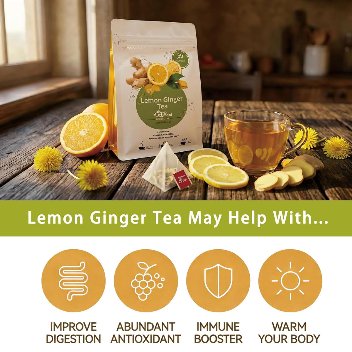 Samcci Lemon Ginger Tea Bags, 50 Counts, Non-GMO, Caffeine-Free | te de Jengibrey Limon, Pleasantly Spicy &amp; Warming, Support Digestion &amp; Boost Immunity, No Additives, Resealable Pouch