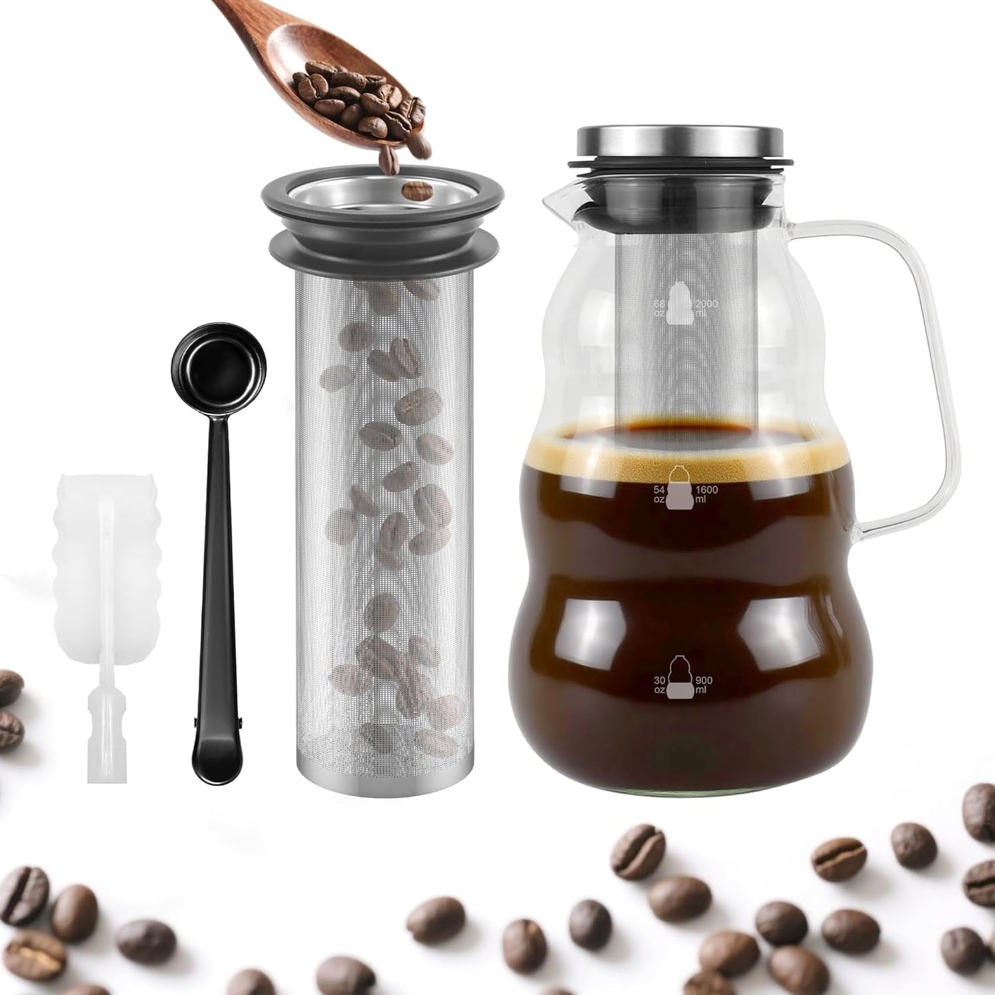 TRINIDa Cold Brew Pitcher, 2000ml/67oz High Borosilicate Glass, -4°F to 266°F, Stainless Steel 150 Mesh, Easy Clean, Family Size, Glass Pitcher, Ideal coffee gifts, Cold Brew Coffee Maker